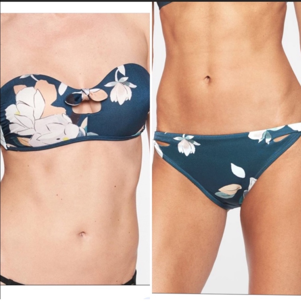 Athleta Aqualuxe Floradora Bandeau Blue Bikini swimsuit set Large
